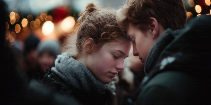Young couple in knit hats and scarves embrace forehead-to-forehead amid golden bokeh lights at snowy Christmas market. Romantic holiday intimacy, warm festive night glow vibe.