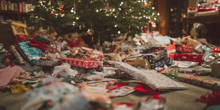 Pile of torn colorful wrapping paper ribbons and bows scattered under glowing Christmas tree on rug. Joyful post-unwrapping mess, exuberant gift-opening aftermath vibe.
