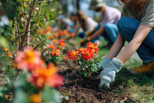Volunteers Planting Flowers for Community Gardening Project