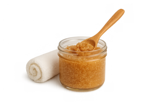 Body scrub in a clear jar, featuring a wooden spoon and rolled white towel. Concept for spa, exfoliation, skincare, and natural beauty