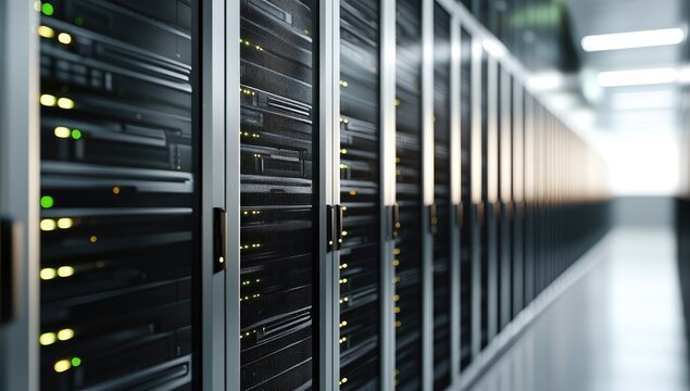 Modern IT data center corridor with rows of illuminated server racks and soft ambient lighting, idea for digital infrastructure visuals and high tech computing themed presentations