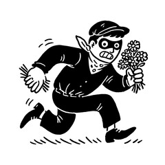 Fototapeta premium Masked bandit runs through the field with a bouquet of flowers in a playful chase of mischief and whimsy