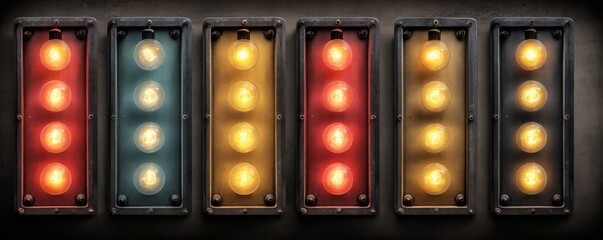 Set of illuminated vintage light frames in red, blue, and yellow with glowing bulbs