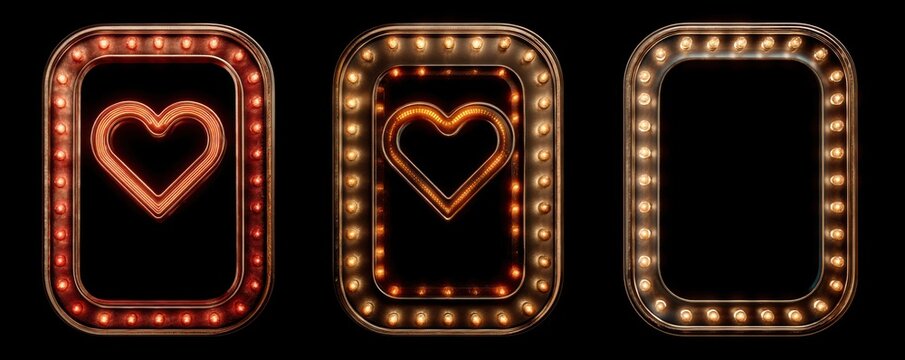 Vintage neon heart signs in retro framed light bulbs, three decorative marquee panels