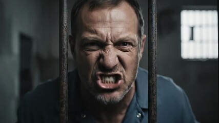 Mature man screaming in anger from prison cell, gripping metal bars tightly. The camera tilts down briefly before stabilizing on his intense facial expressions. - Powered by Adobe