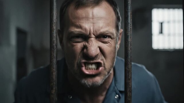 Mature man screaming in anger from prison cell, gripping metal bars tightly. The camera tilts down briefly before stabilizing on his intense facial expressions.