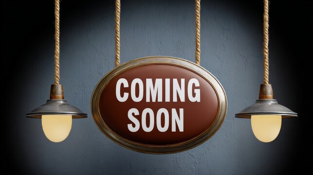 Sign that says "coming soon" is hanging from a ceiling. The sign is surrounded by two light bulbs, one on each side. The sign and light bulbs create a sense of anticipation