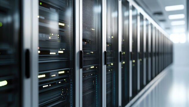 Row of modern IT server racks with mesh front panels and glowing indicator lights in a bright data center hallway, idea for digital infrastructure visuals and high tech computing themed presentations