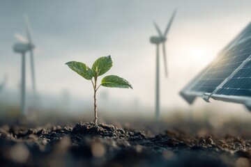 Plant Growing Beside Solar Panel Wind Turbine Harmony