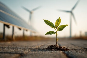 Sustainable Growth: Plant, Solar Panel, and Wind Turbine