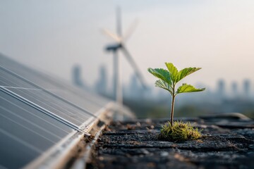 Nature and Tech Integration: Plant, Solar, Wind Power