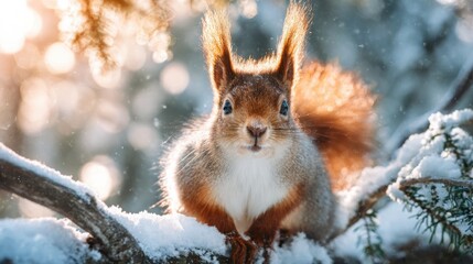 sharp close up portrait of a fluffy squirrel sitting on snowy branch, sunlight illuminating fur, majestic winter forest in soft background, sparkling