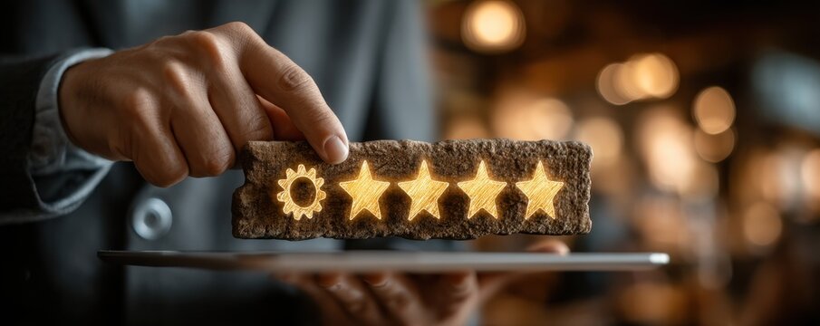 Businessman holds a five-star rating emblem on a stone plaque symbolizing quality and trust