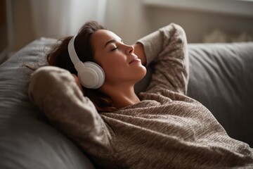 Woman Relaxes Listening to Music with Headphones at Home