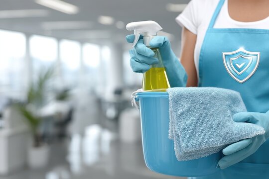 Professional cleaner wearing a blue apron and gloves holding a spray bottle and cleaning cloth in a bright office