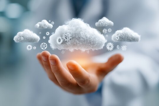 Close-up of hand presenting cloud icons and gears representing cloud computing and technology
