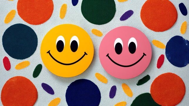Two smiling faces with eyes and mouths are on a colorful background. The background is made up of many different colored circles - Powered by Adobe