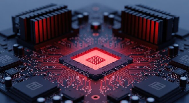 A close-up of a central processing unit lit up in red, on a circuit board