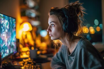 Woman with Headphones Intently Playing Video Game at Night