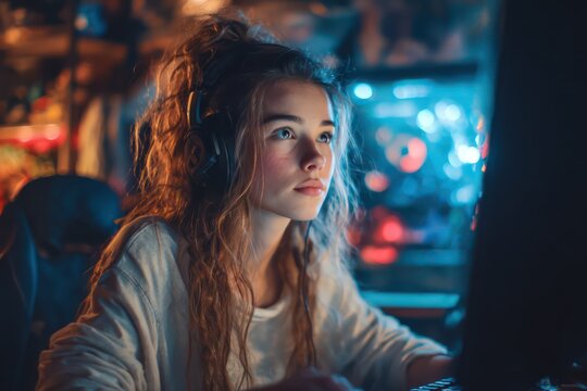 Focused Gamer Girl with Headphones Playing Computer Game