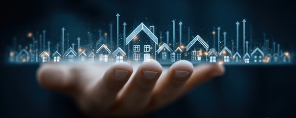 Naklejka premium Hand holding tablet displaying model houses and rising real estate graphs for housing market trends