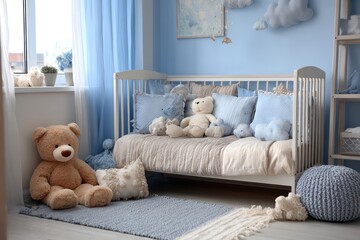 Baby Cot and Teddy in a Blue and Beige Nursery Interior