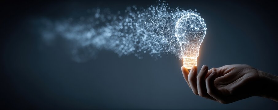 Hand holding a digital, glowing light bulb symbolizing ideas, innovation, and network connectivity