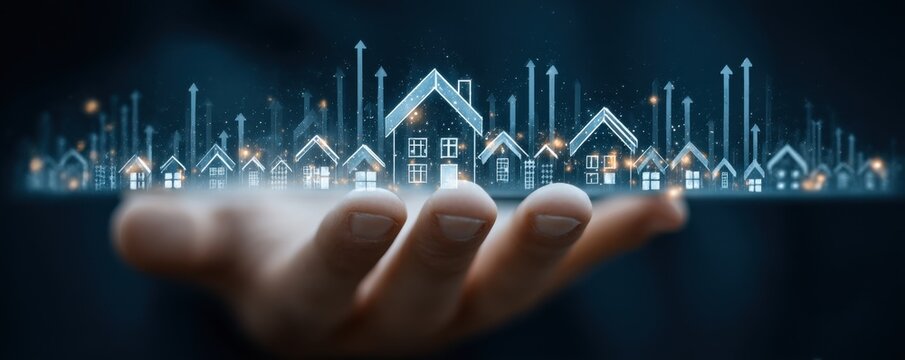 Hand holding tablet displaying model houses and rising real estate graphs for housing market trends - Powered by Adobe