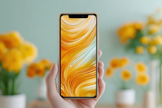 Hand holding orange iPhone with colorful swirling wallpaper and bright display