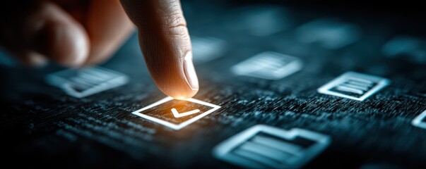 Hand touches a glowing checkmark icon on a futuristic digital interface screen
