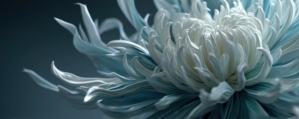 Abstract white spiky flower in cool blue tones, ethereal digital art