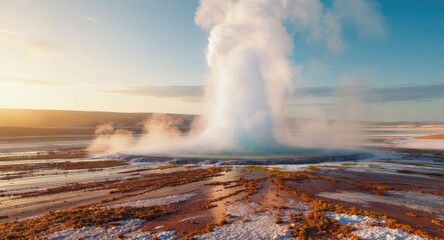 A geyser erupts, shooting steam high against a blue sky, illuminating landscape