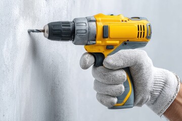 Person wearing white gloves uses a yellow cordless drill to drill into a wall for a home project