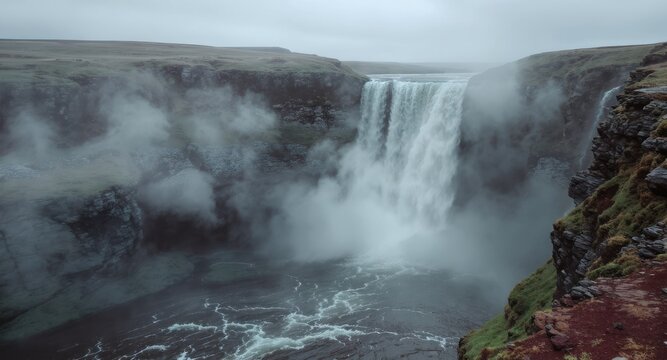 A majestic waterfall cascades into a misty canyon under an overcast sky