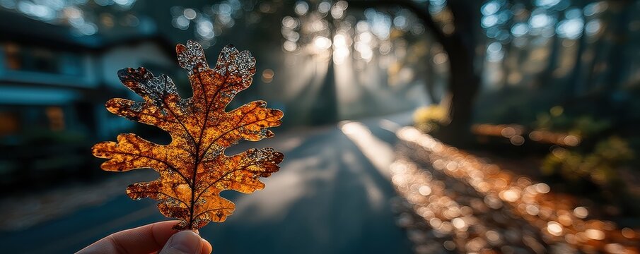 Hand holding a frost-covered oak leaf in autumn sunlight along a quiet street at dawn - Powered by Adobe