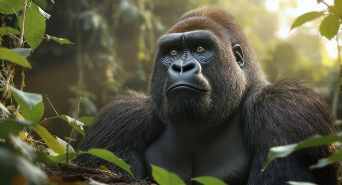 A majestic gorilla peers thoughtfully from the jungle foliage, bathed in warm sunlight - Powered by Adobe