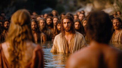 The baptism of Jesus by John in the Jordan River, a sacred moment witnessed by the gathered crowd under divine light.