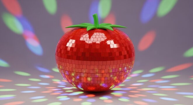 A shiny, red strawberry-shaped object with a disco ball bottom and green stem, lit with colorful spots - Powered by Adobe