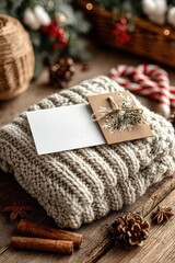 Fototapeta premium Blank white card resting on a cozy knit sweater with Christmas decor and candy canes