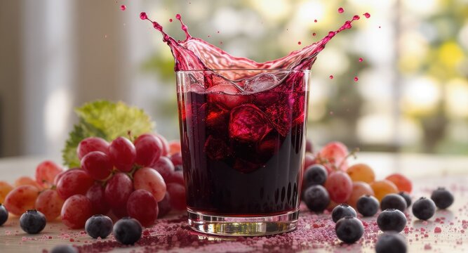 A splash of vibrant juice erupts from a glass, surrounded by grapes and blueberries - Powered by Adobe