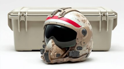 Fototapeta premium Helmet with a black visor sits on top of a white case. The helmet is designed to look like a military helmet, and it is placed on a white background