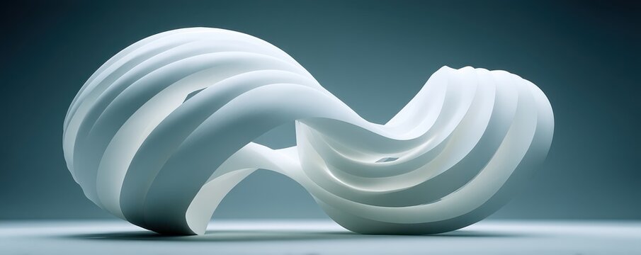 White abstract sculpture with a curved loop design, a modern minimalist form