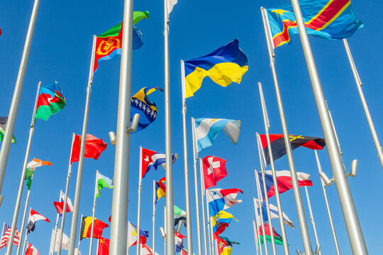 International flags including Ukraine, Argentina, Eritrea, DR Congo, Bosnia, Cuba, Switzerland, Panama and Angola waving in the wind against a clear blue sky in Doha, Qatar.