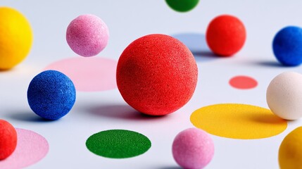 Bunch of colorful balls are scattered on a blue background. The balls are of different colors and sizes, creating a playful and vibrant atmosphere