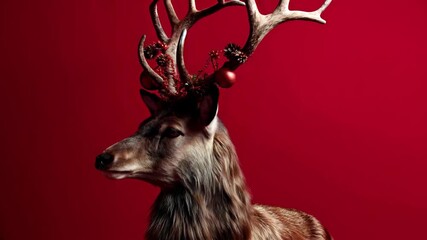 reindeer with christmas decoration turning its head isolated on red festive background - Powered by Adobe