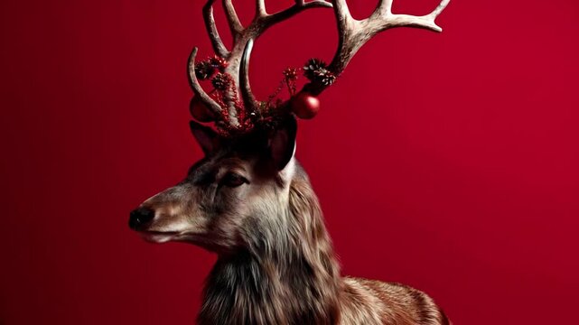 reindeer with christmas decoration turning its head isolated on red festive background