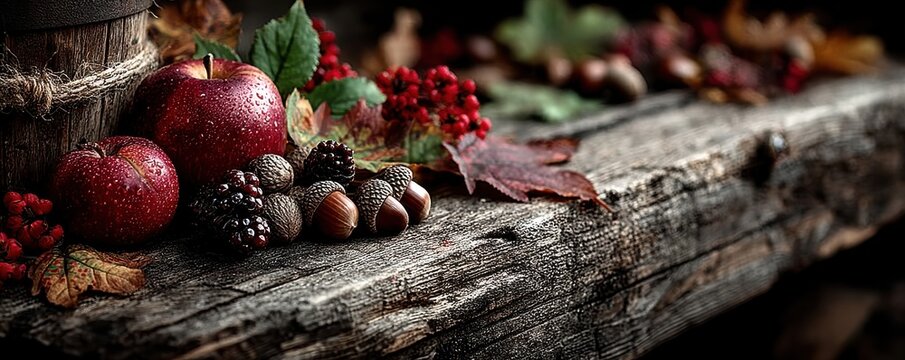 Autumn pumpkins and berries on rustic wooden table create a warm harvest centerpiece