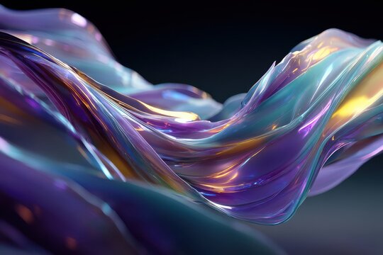 Flowing holographic ribbons in purple and blue on a dark background, abstract colorful artwork design