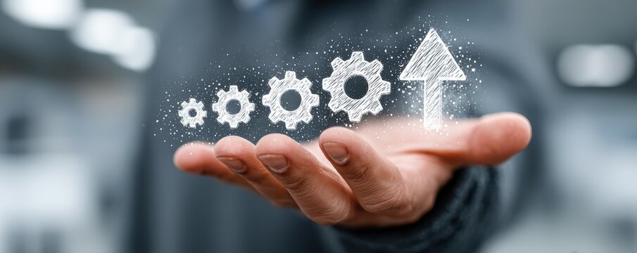 Businessman holding gears and arrows icon representing growth, innovation, and strategic planning in a digital era