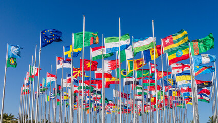 Dozens of national flags from different countries waving in wind, including European Union, Zambia, Sierra Leone, Moldova, North Macedonia, Bahrain, Turkmenistan, Ethiopia, Georgia, Ukraine, Sweden